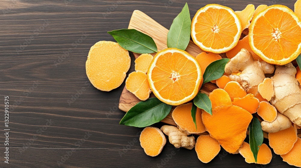 Fresh Ginger and Orange Slices with Green Leaves on a Wooden Surface
