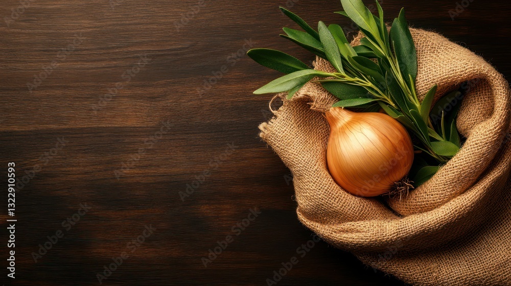 Fresh onion and olive leaves wrapped in burlap on dark wooden background for culinary use
