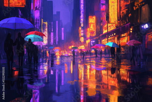 Obraz na płótnie Rain-Soaked blur image, City Street with Neon Reflections w salonie