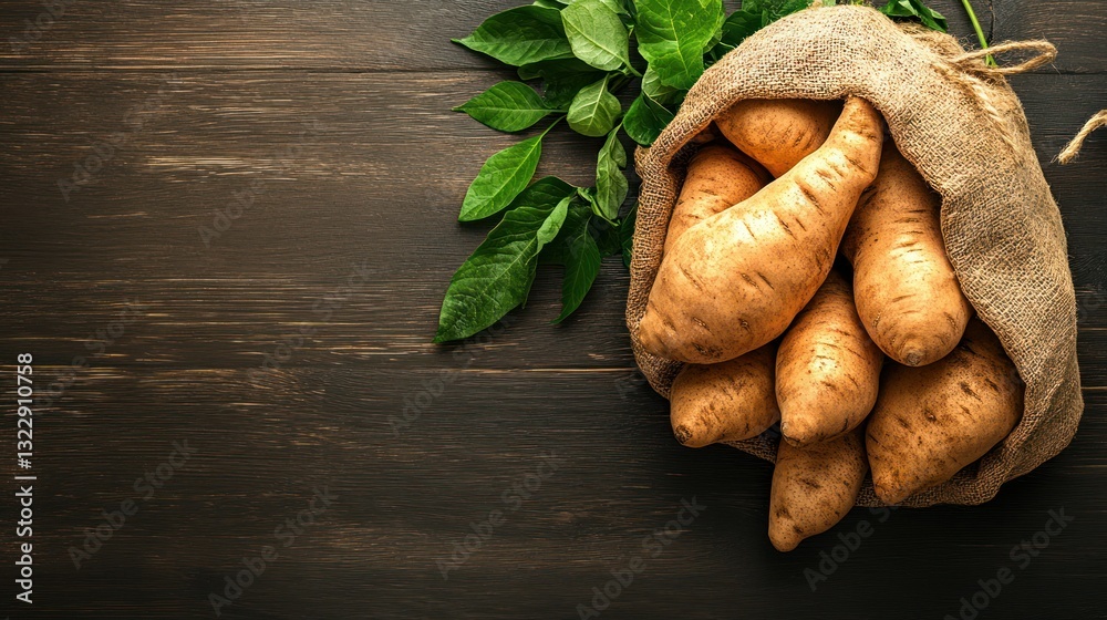 Fresh Sweet Potatoes in a Jute Sack with Green Leaves on a Rustic Wooden Table