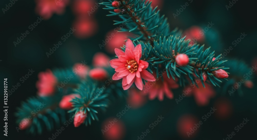 nature close-up, yew tree branch, bright red berries, dark green foliage, shallow depth of field, moody atmosphere, botanical detail, winter flora, festive holiday imagery, forest undergrowth, vibrant nature close-up, yew tree branch, bright red berries, dark green foliage, shallow depth of field, moody atmosphere, botanical detail, winter flora, festive holiday imagery, forest undergrowth, vibrant