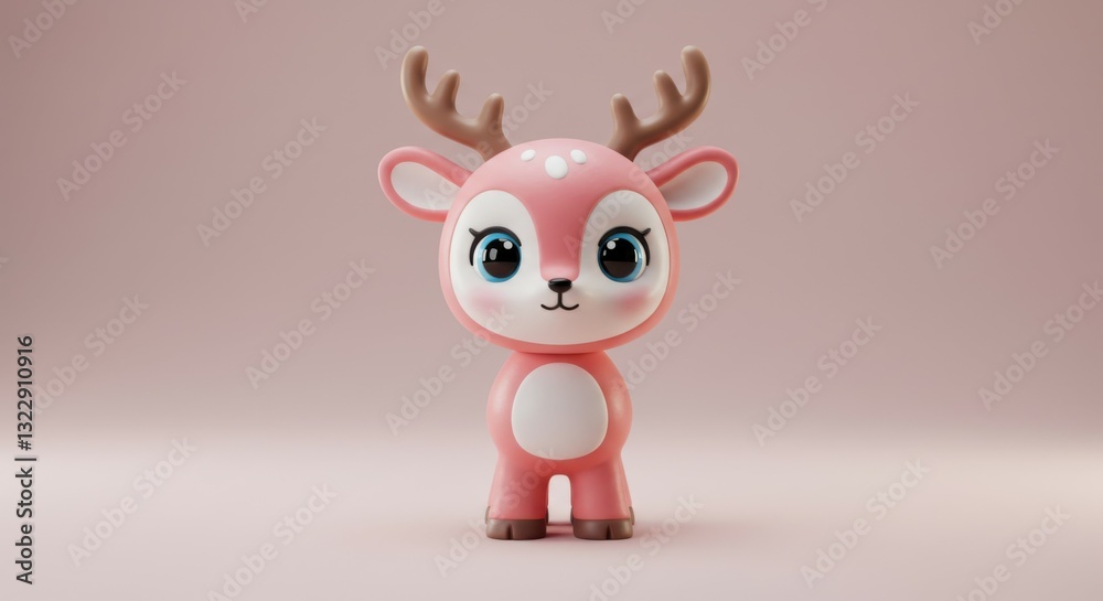Fototapeta premium Cute cartoon deer toy, big eyes, pink body, small antlers, kawaii style, 3D render, soft lighting, pastel pink background, miniature figurine, rounded shapes, glossy texture, chibi character, playful 
