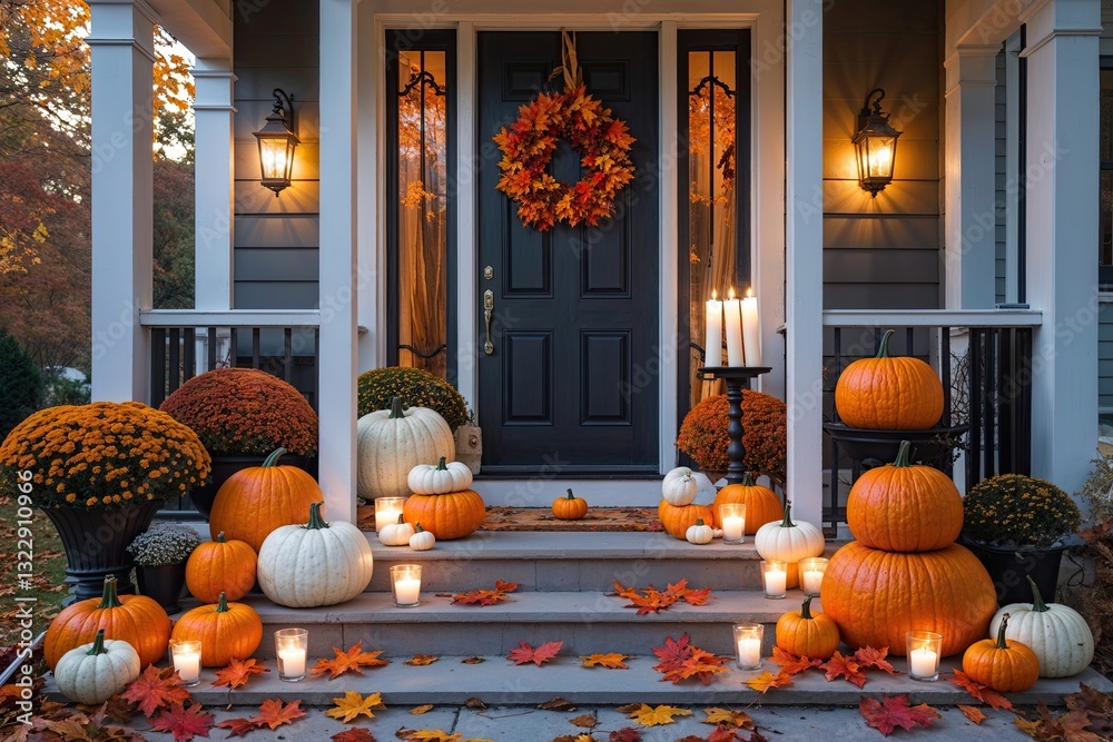 Obraz premium Charming Halloween Porch Decor with Pumpkins Candles and Fall Leaves