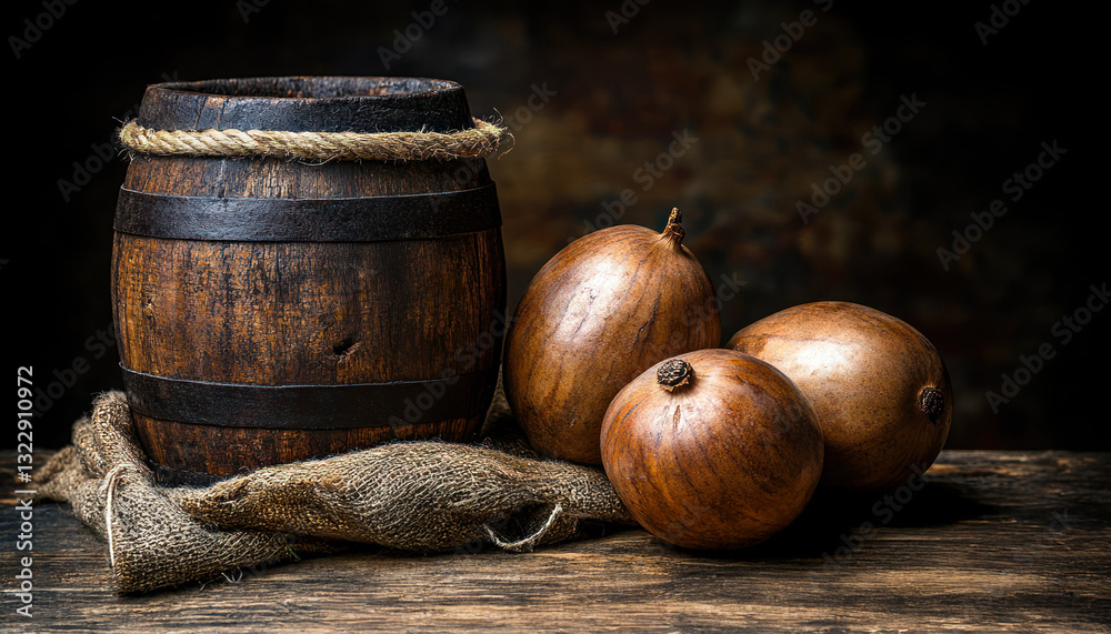 Rustic Wooden Barrel and Three Round Brown Objects on a Dark Background