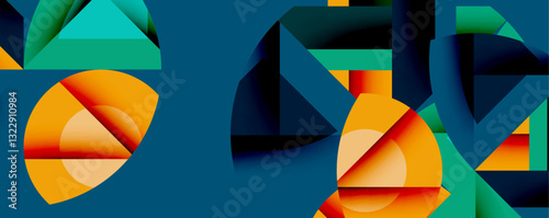 Abstract geometric artwork with interwoven angular and curved shapes, dynamic composition with smooth gradients and bold contrasts