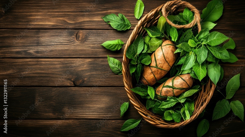 Freshly Harvested Root Vegetables Nestled in a Woven Basket Surrounded by Green Leaves