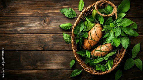 Obraz na płótnie Freshly Harvested Root Vegetables Nestled in a Woven Basket Surrounded by Green Leaves w salonie