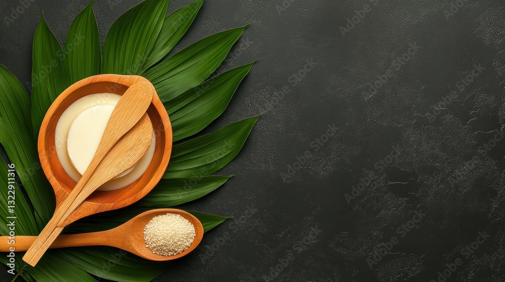 Wooden utensils and bowls with natural ingredients on vibrant green foliage background