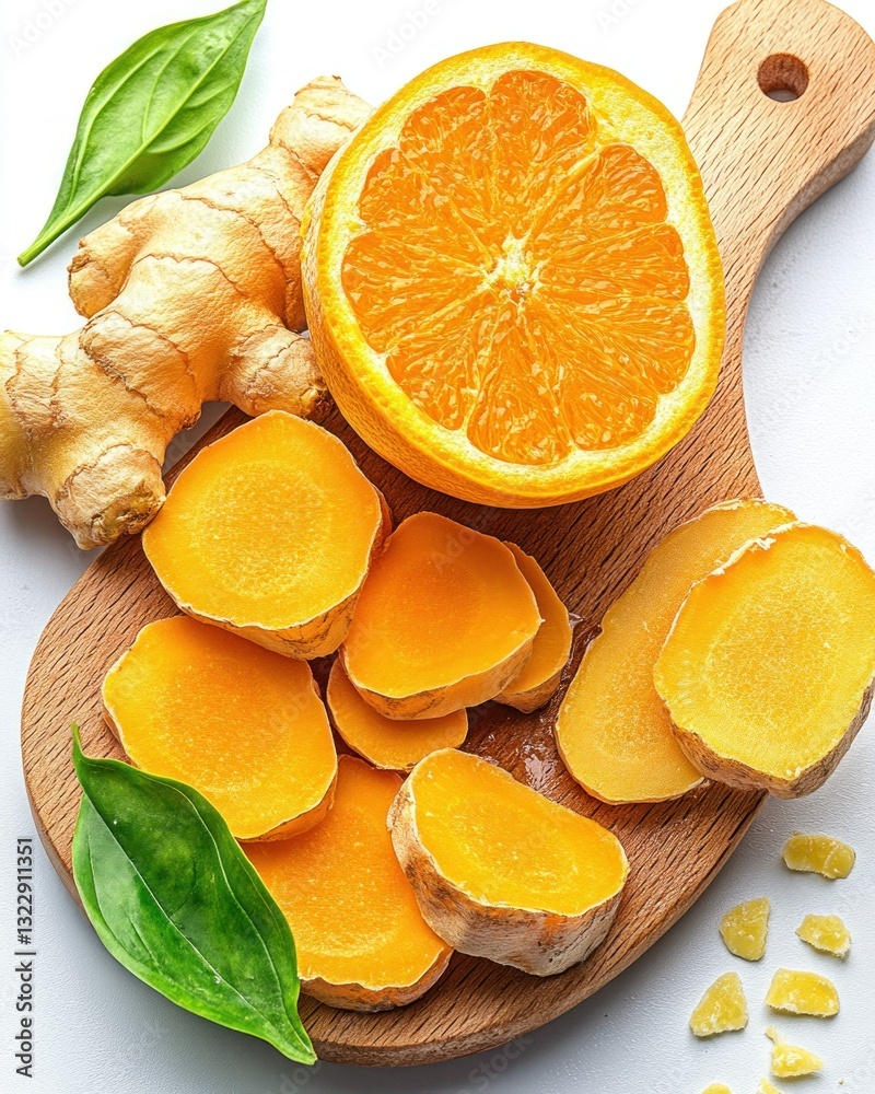 Fresh Ginger Root and Orange Citrus on Wooden Cutting Board with Green Leaves for Healthy Cooking