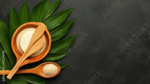 Obraz na płótnie Wooden utensils and bowls with natural ingredients on vibrant green foliage background w salonie
