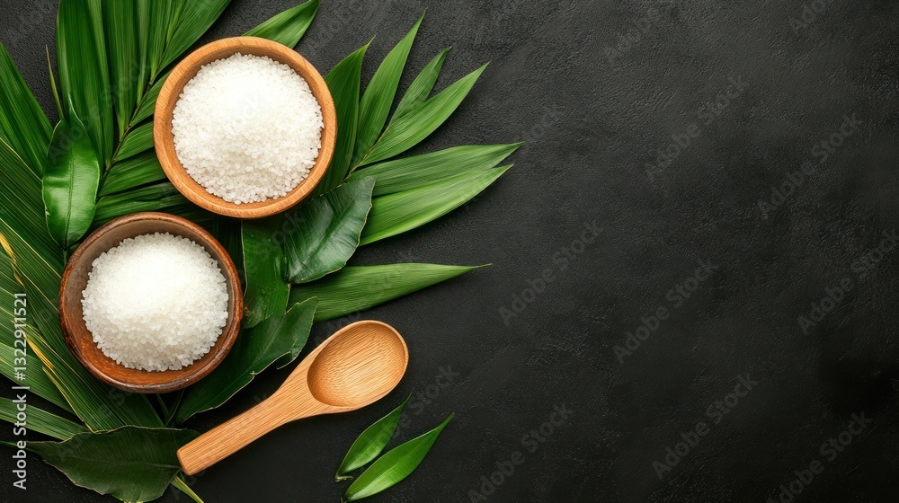 Fresh Organic White Rice in Wooden Bowls Surrounded by Green Leaves on Dark Background