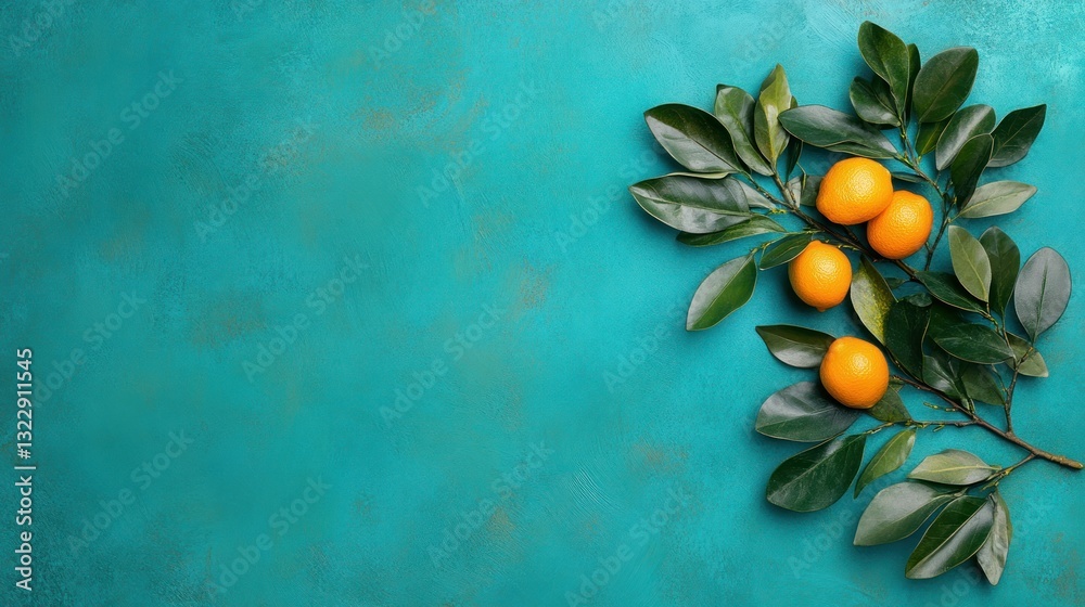 Fresh Citrus Fruit Branch with Vibrant Green Leaves on Teal Background for Culinary Designs