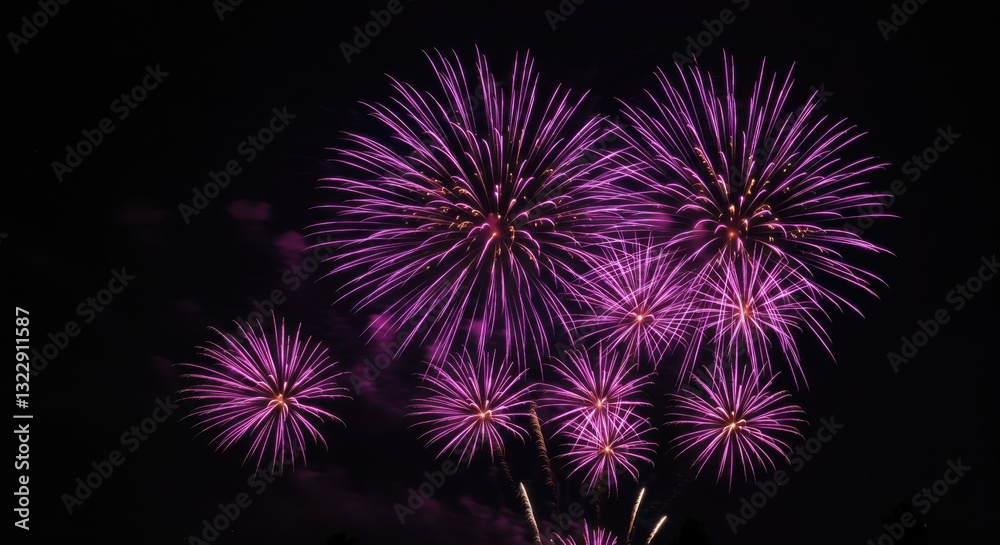 Vibrant purple fireworks, night sky, explosive bursts, festive celebration, dark background, sparkling lights, pyrotechnic display, celestial spectacle, radiant starbursts, illuminated atmosphere, daz Vibrant purple fireworks, night sky, explosive bursts, festive celebration, dark background, sparkling lights, pyrotechnic display, celestial spectacle, radiant starbursts, illuminated atmosphere, daz