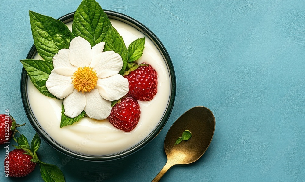 Fresh Yogurt Bowl with Strawberries, Edible Flower, and Mint Leaves on Blue Background