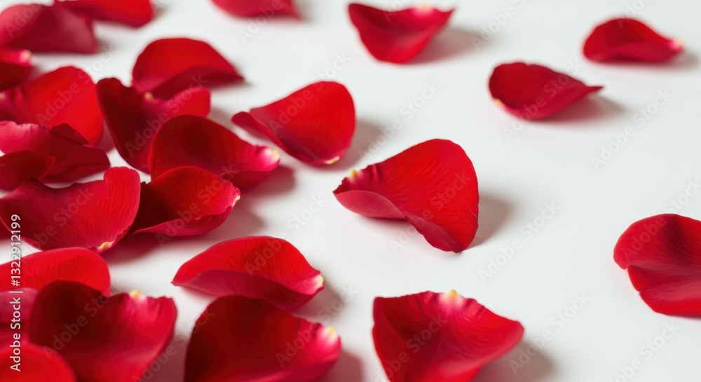 Red rose petals, scattered, white background, macro photography, soft focus, romantic atmosphere, Valentine's Day theme, floral texture, vibrant crimson, delicate petals, close-up detail, petal arrang Red rose petals, scattered, white background, macro photography, soft focus, romantic atmosphere, Valentine's Day theme, floral texture, vibrant crimson, delicate petals, close-up detail, petal arrang