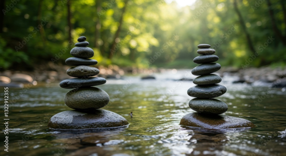 Zen rock stack, flowing river, sunlit forest, tranquil nature scene, balanced stones, meditation, peaceful waters, dappled sunlight, green foliage, serene landscape, mindfulness, natural harmony, soft Zen rock stack, flowing river, sunlit forest, tranquil nature scene, balanced stones, meditation, peaceful waters, dappled sunlight, green foliage, serene landscape, mindfulness, natural harmony, soft