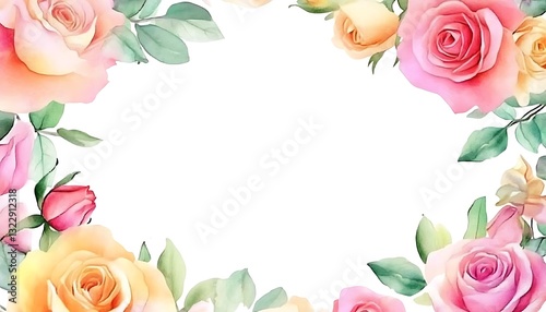 Watercolor Roses Frame Peach Pink Yellow Flowers Green Leaves Floral Border Invitation Card Design Art Painting Decorative Background Template