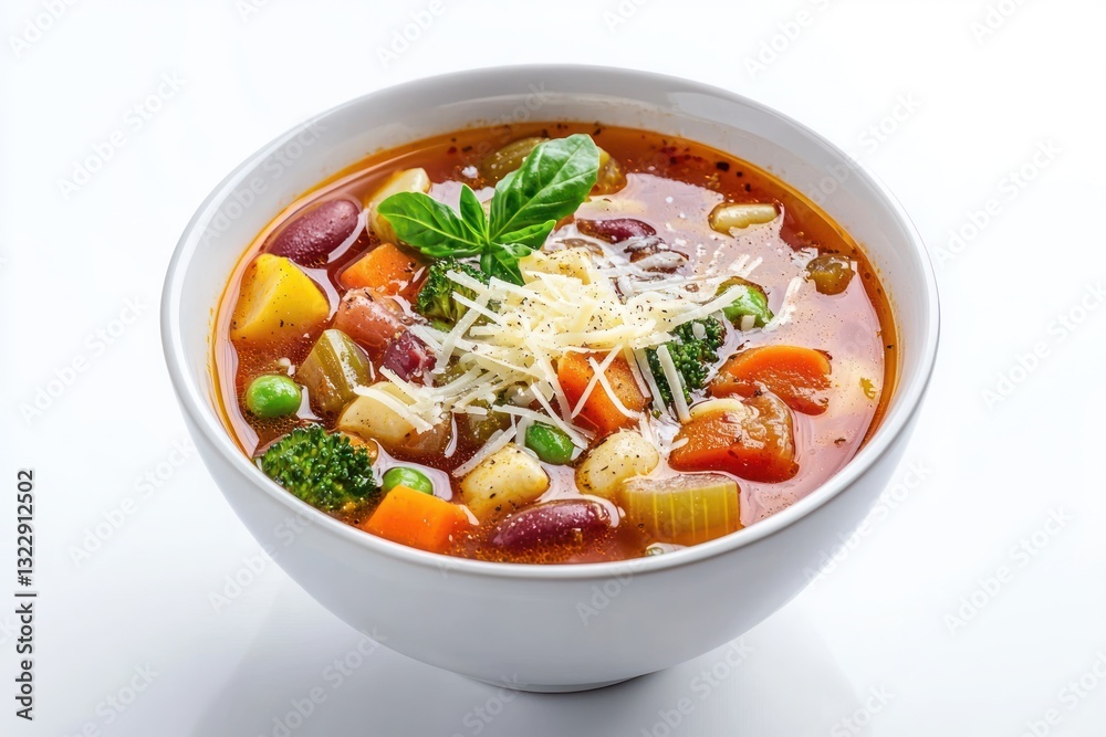Minestrone soup in a bowl with basil leaves and sprinkled parmesan cheese a healthy Italian cuisine dish closeup Minestrone soup in a bowl with basil leaves and sprinkled parmesan cheese a healthy Italian cuisine dish closeup
