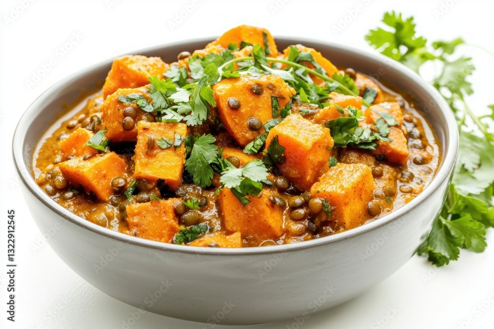 Delicious vegan lentil stew with sweet potato cubes and fresh coriander in gray bowl on white surface