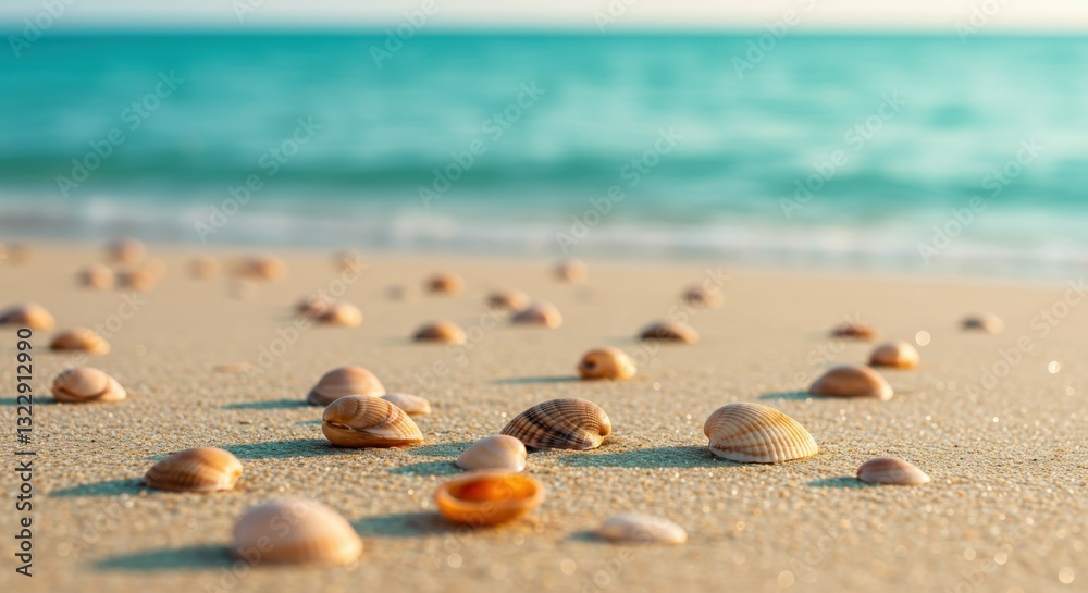 Beach scene, smooth pebbles, seashells, sandy shore, shallow depth of field, turquoise ocean background, macro photography, soft focus, pastel colors, serene atmosphere, natural textures, coastal land Beach scene, smooth pebbles, seashells, sandy shore, shallow depth of field, turquoise ocean background, macro photography, soft focus, pastel colors, serene atmosphere, natural textures, coastal land