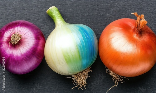 Obraz na płótnie Fresh Variety of Colorful Onions on Dark Slate Background for Culinary or Cooking Use w salonie