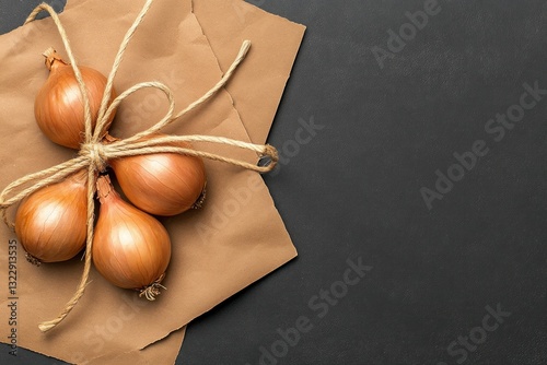 Fresh Brown Onions Tied with Twine on Textured Black Surface and Brown Paper Background