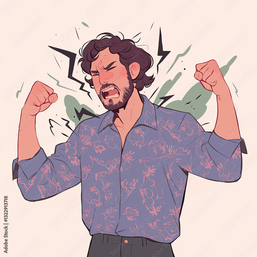 Fototapeta premium Angry man with clenched fists expressing frustration in floral shirt