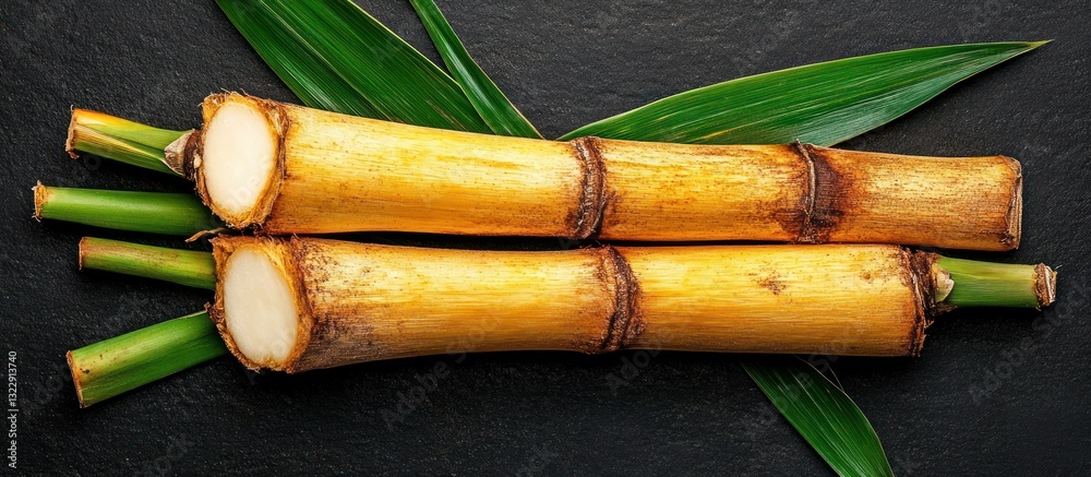 Freshly Cut Sugarcane Stalks with Green Leaves on Dark Stone Background for Food Photography