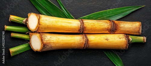 Obraz na płótnie Freshly Cut Sugarcane Stalks with Green Leaves on Dark Stone Background for Food Photography w salonie