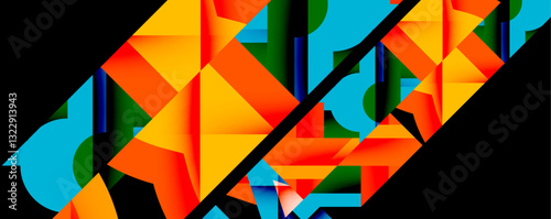 Abstract geometric artwork with interwoven angular and curved shapes, dynamic composition with smooth gradients and bold contrasts