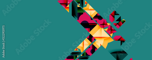 Abstract geometric artwork with interwoven angular and curved shapes, dynamic composition with smooth gradients and bold contrasts