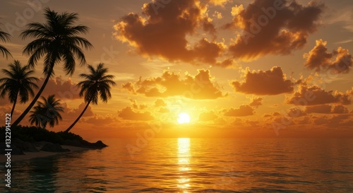 Tropical beach sunset, silhouetted palm trees, golden sun reflecting on calm ocean, vibrant orange and yellow sky, dramatic clouds, peaceful seascape, paradise island, warm evening light, photorealist