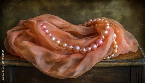 Obraz na płótnie Elegant Silk Scarf Draped with Lustrous Pearls on Vintage Tabletop Background w salonie