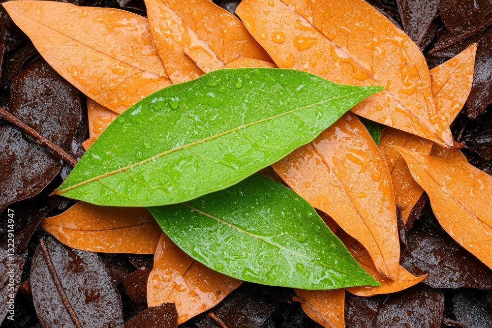 Green and Orange Leaves with Water Droplets on Dark Brown Leaf Background