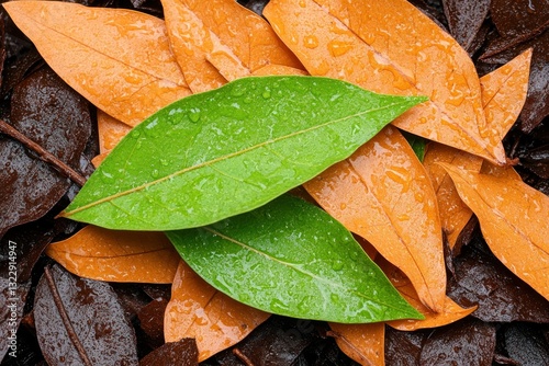 Green and Orange Leaves with Water Droplets on Dark Brown Leaf Background