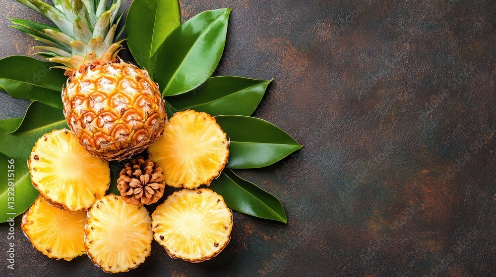 Fresh Pineapple Slices Arranged on Dark Rustic Surface with Green Leaves and Pine Cones