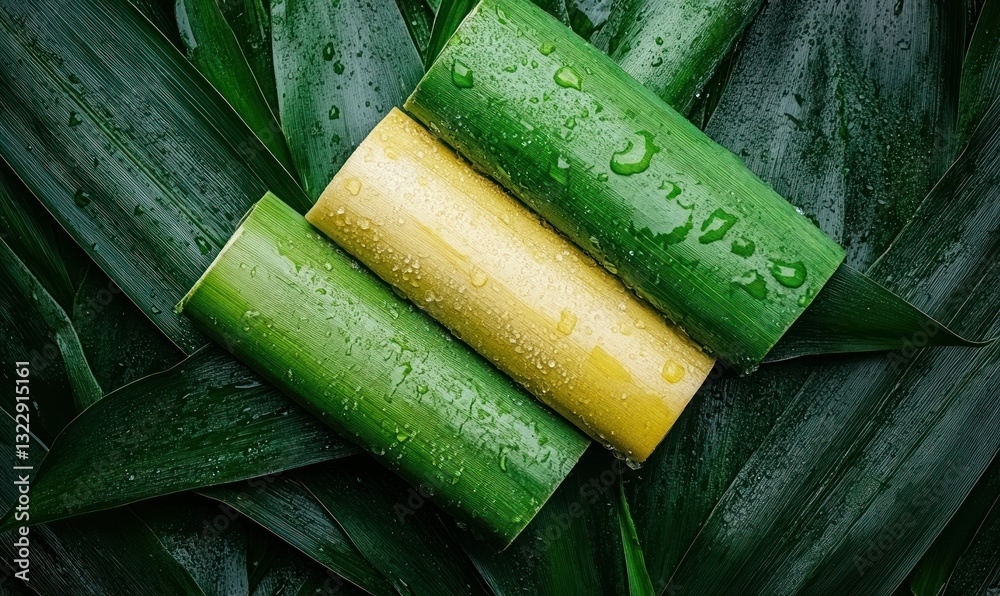 Fresh Aloe Vera Leaves with Water Drops on Green Tropical Leaves Background