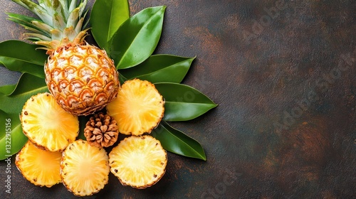 Obraz na płótnie Fresh Pineapple Slices Arranged on Dark Rustic Surface with Green Leaves and Pine Cones w salonie