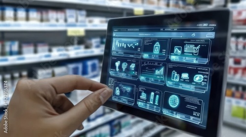 Hand Interacting with a Tablet Displaying Pharmaceutical Inventory Data in a Pharmacy Setting