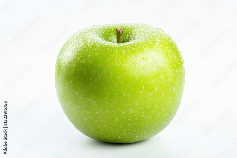 Fresh green apple on white background gleaming with water droplets in a clean vibrant studio shot Fresh green apple on white background gleaming with water droplets in a clean vibrant studio shot