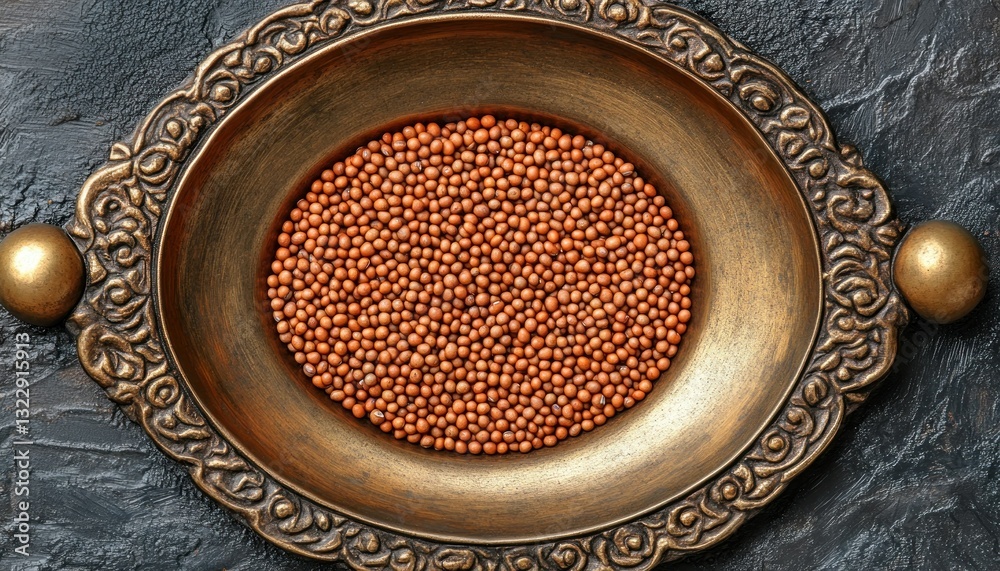 Close-Up View of Mustard Seeds in an Antique Bowl on Dark Stone Surface for Culinary Art