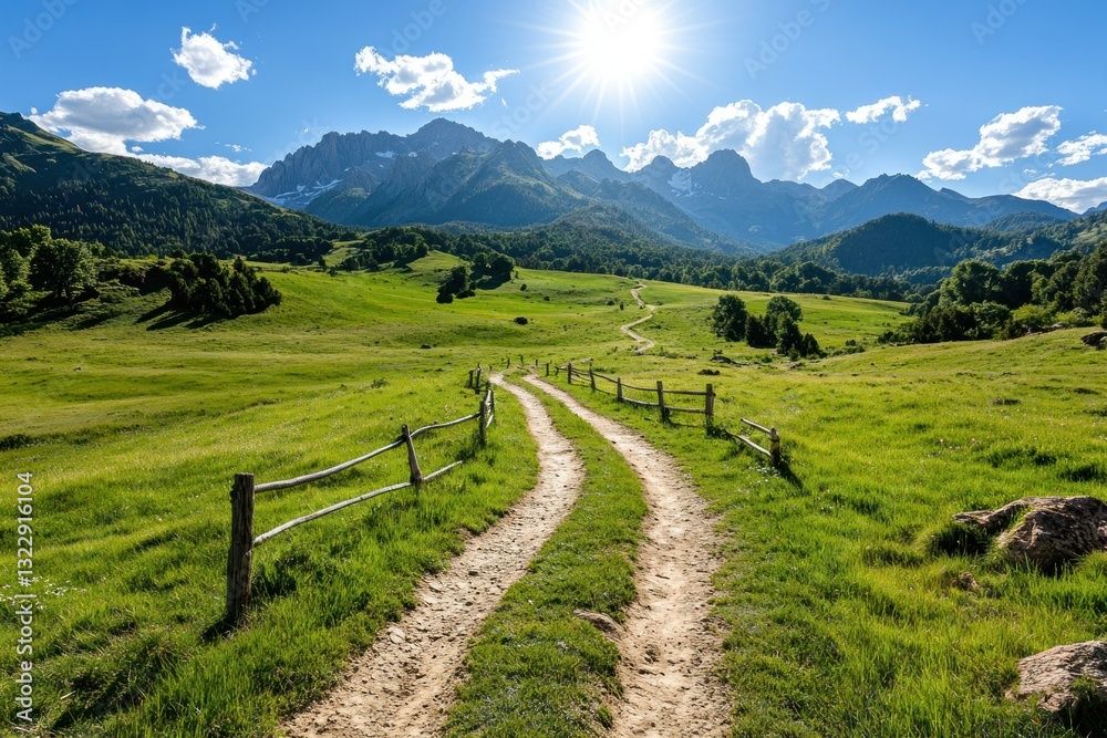 Serene Pathway Through Lush Green Valley Under Bright Sunlight and Majestic Mountain Range