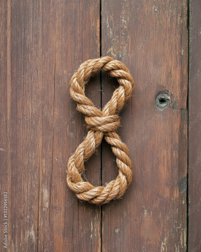 Rustic Wood Background with Brown Rope Knotted in a Figure Eight Shape for Nautical Aesthetic