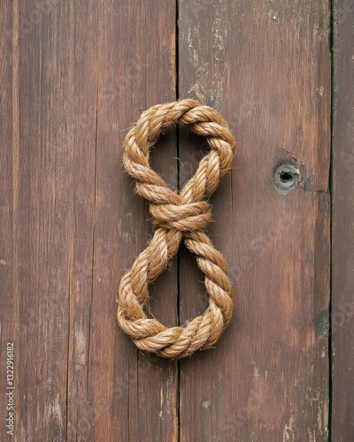 Obraz na płótnie Rustic Wood Background with Brown Rope Knotted in a Figure Eight Shape for Nautical Aesthetic w salonie