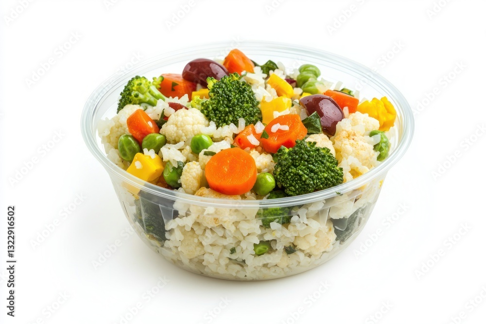 Vibrant salad bowl close up view featuring rice broccoli carrot pea and cauliflower fresh ingredients Vibrant salad bowl close up view featuring rice broccoli carrot pea and cauliflower fresh ingredients