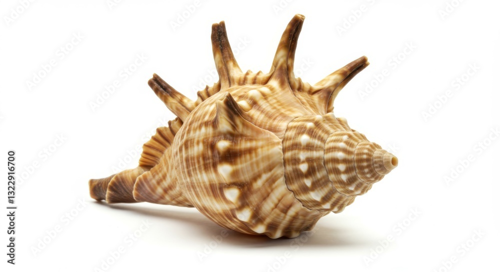 Seashell, conch shell, spiral pattern, golden brown hues, plaid-like texture, shiny surface, natural object, marine life, beach treasure, organic form, detailed ridges, smooth curves, isolated on whit Seashell, conch shell, spiral pattern, golden brown hues, plaid-like texture, shiny surface, natural object, marine life, beach treasure, organic form, detailed ridges, smooth curves, isolated on whit