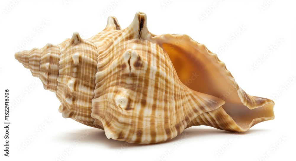 Seashell, conch shell, spiral pattern, golden brown hues, plaid-like texture, shiny surface, natural object, marine life, beach treasure, organic form, detailed ridges, smooth curves, isolated on whit Seashell, conch shell, spiral pattern, golden brown hues, plaid-like texture, shiny surface, natural object, marine life, beach treasure, organic form, detailed ridges, smooth curves, isolated on whit