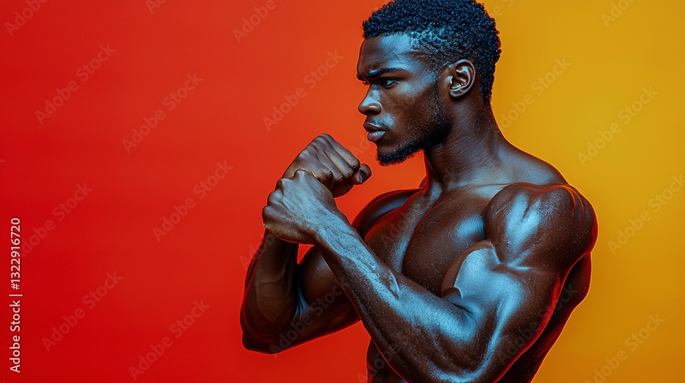 Strong Male Athlete with Defined Muscles Posing Against Gradient Background Strong Male Athlete with Defined Muscles Posing Against Gradient Background