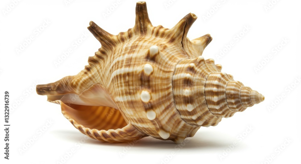 Seashell, conch shell, spiral pattern, golden brown hues, plaid-like texture, shiny surface, natural object, marine life, beach treasure, organic form, detailed ridges, smooth curves, isolated on whit Seashell, conch shell, spiral pattern, golden brown hues, plaid-like texture, shiny surface, natural object, marine life, beach treasure, organic form, detailed ridges, smooth curves, isolated on whit