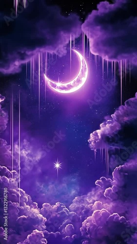 Enchanting night sky with a glowing crescent moon surrounded by shimmering clouds